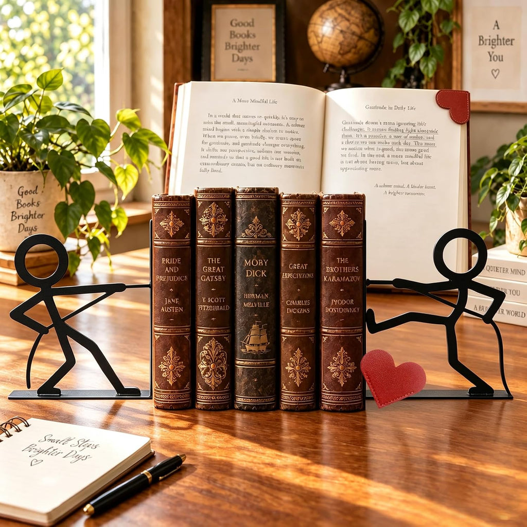 2 Pcs Metal Bookends and Heart Bookmark,Book Ends for Book Shelf,Tug of War