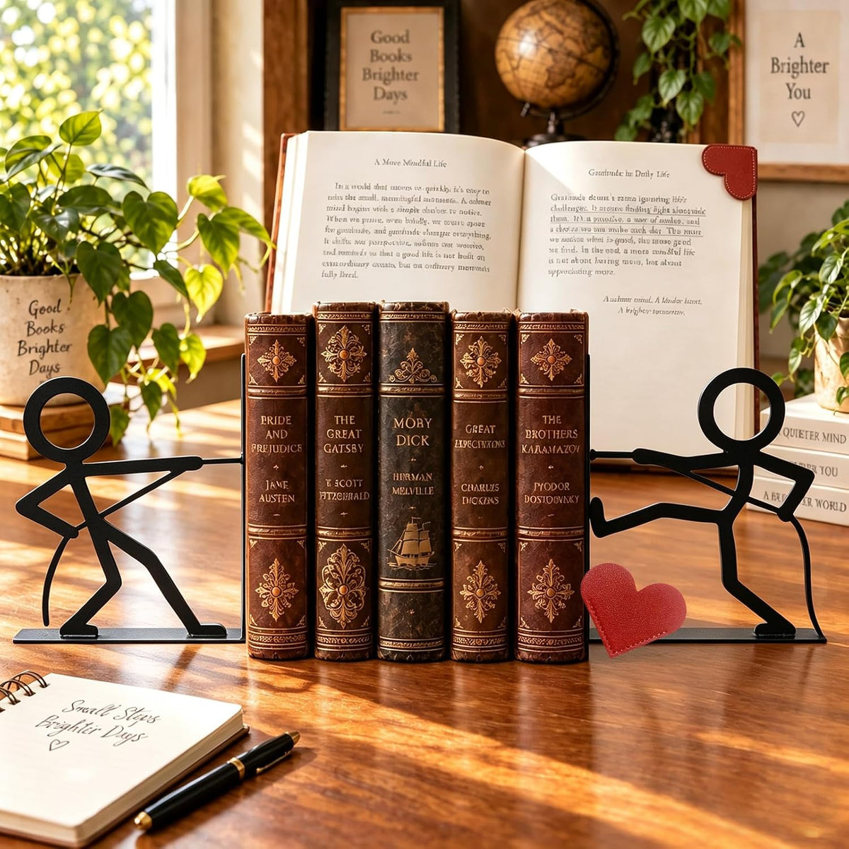 2 Pcs Metal Bookends and Heart Bookmark,Book Ends for Book Shelf,Tug of War
