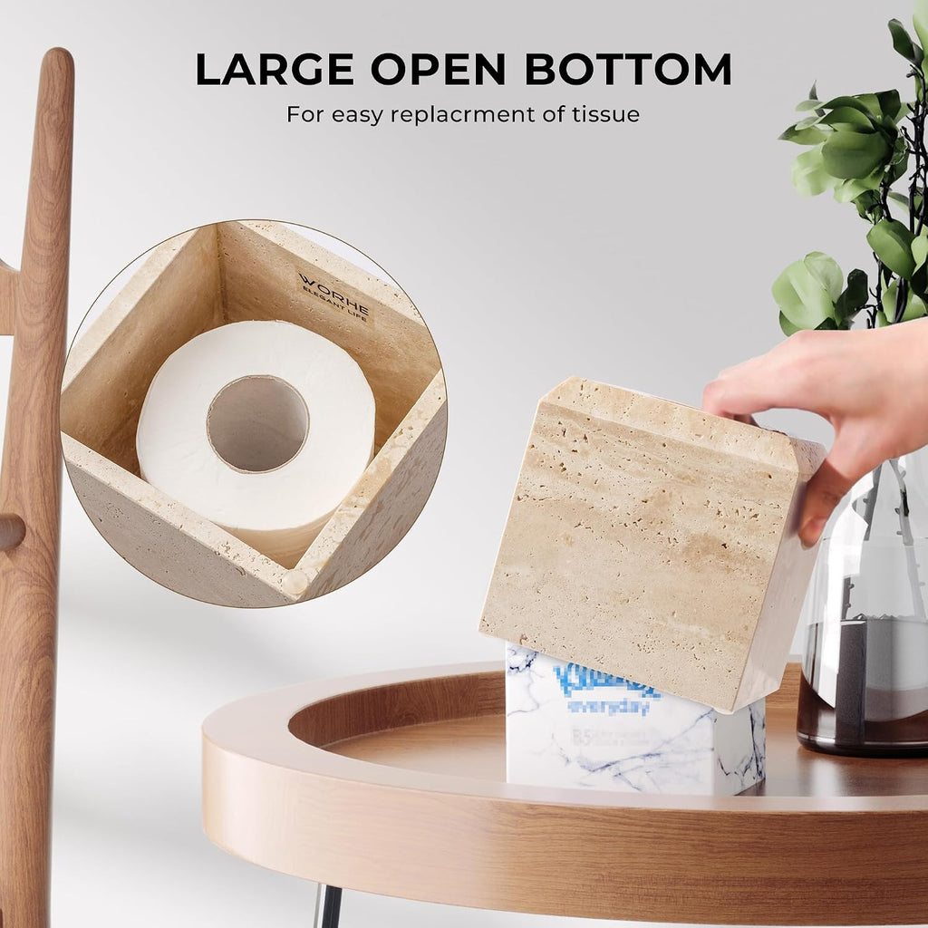 Tissue Box Cover Italy Natural Travertine Stone Heavy Duty Square Facial Toilet Paper Holder for Bathroom Living Room Bedroom Dresser Kitchen Minimalistic Office Home Decor Beige (TBC145WT)