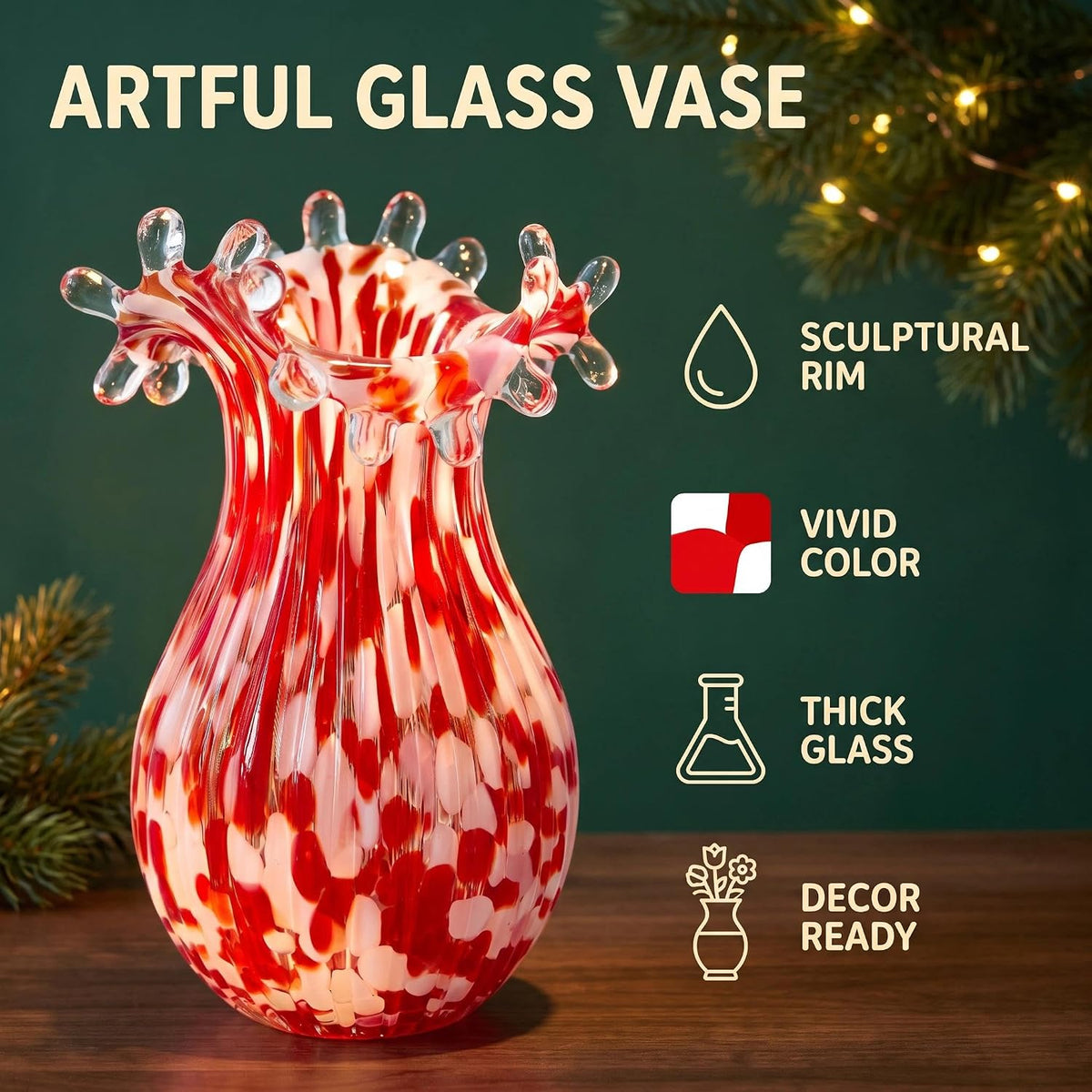 Hand Blown Glass Vase for Flowers, 8 Inch Red Crystal Bubble Flower Vases