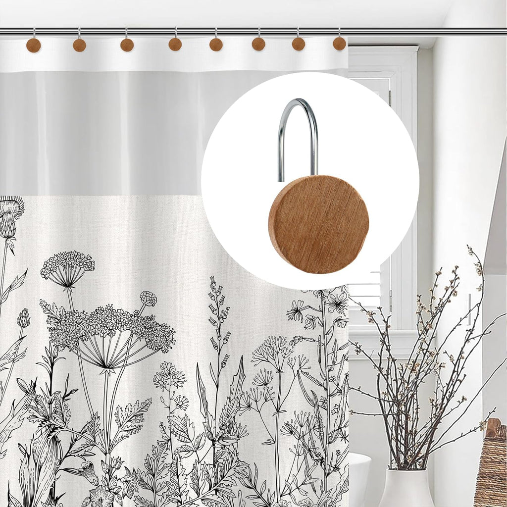 Shower Curtain Hooks, Wood Decorative Shower Curtain Rings, Modern Round Log Shower Curtain Hangers, 12PCS Shower Hooks for Shower Curtain Rod, Bedroom, Living Room (Silvery)