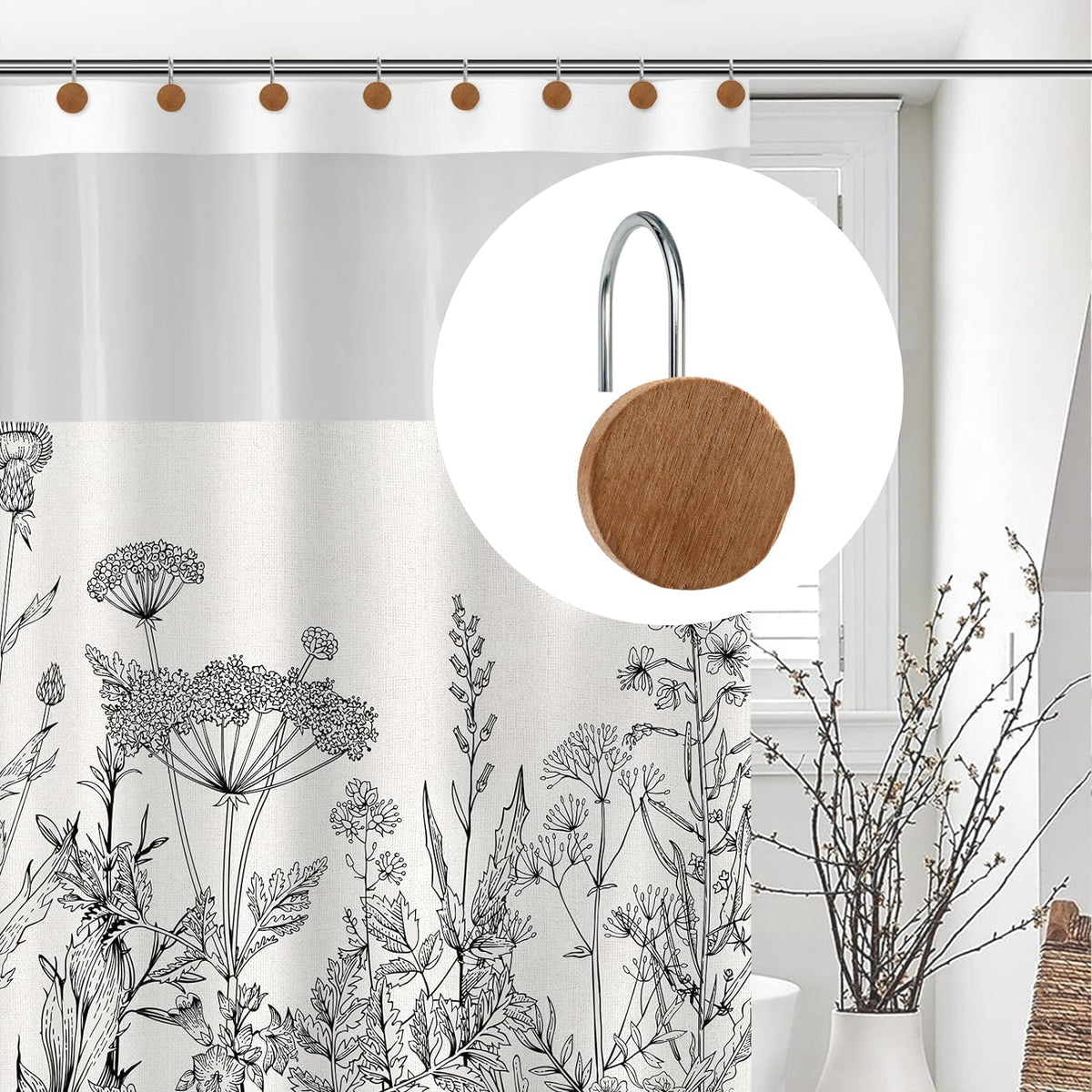 Shower Curtain Hooks, Wood Decorative Shower Curtain Rings, Modern Round Log Shower Curtain Hangers, 12PCS Shower Hooks for Shower Curtain Rod, Bedroom, Living Room (Silvery)
