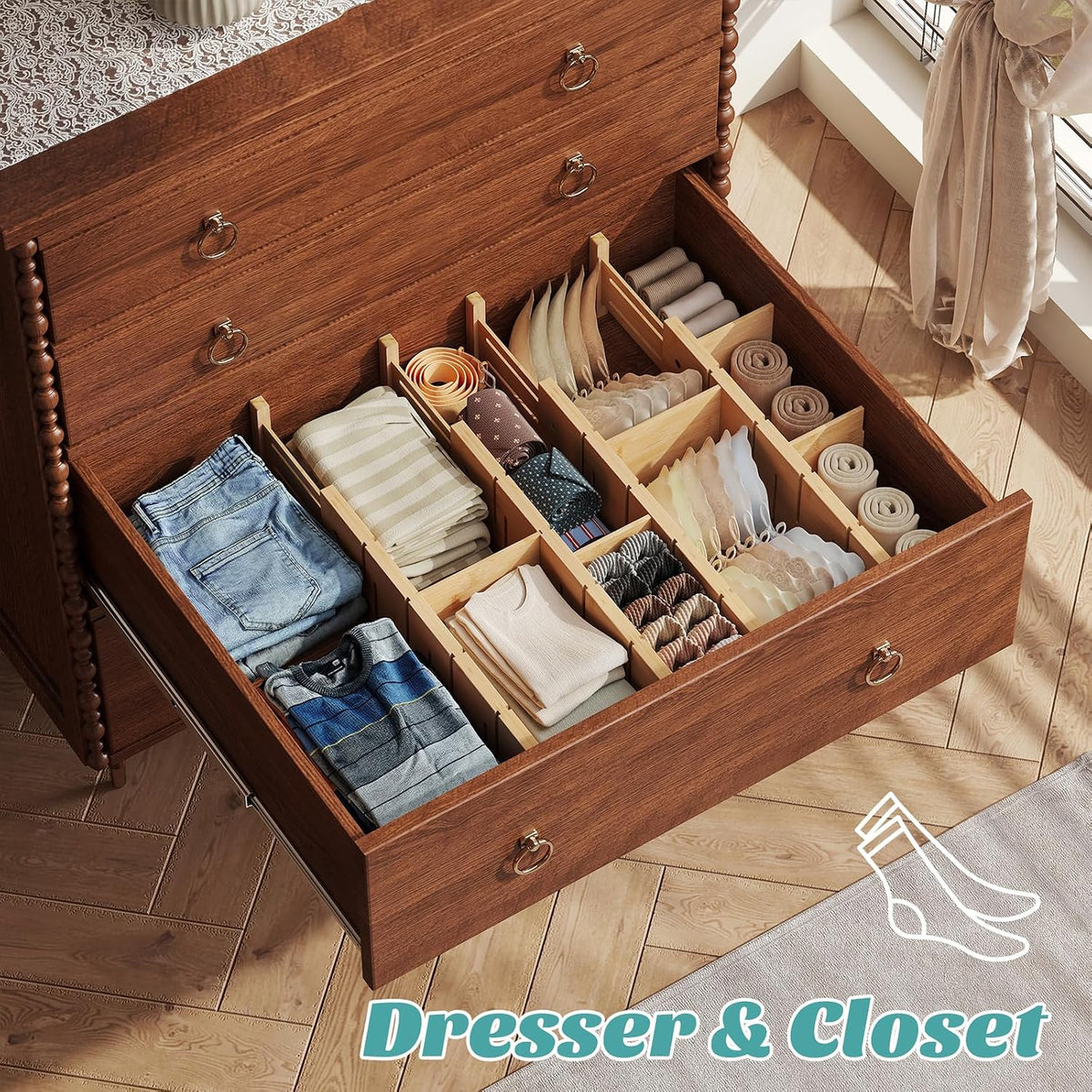 Deep Drawer Dividers 17.7-22.8IN, Bamboo Drawer Dividers 4 Pack