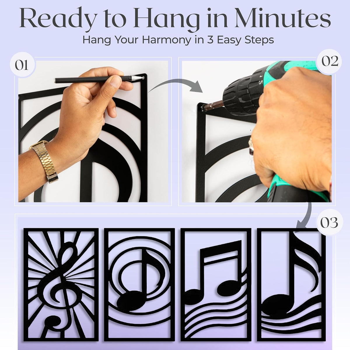 GALLERY GRACE 4-Pc Music Notes Metal Wall Art, Black Wall Decor Set