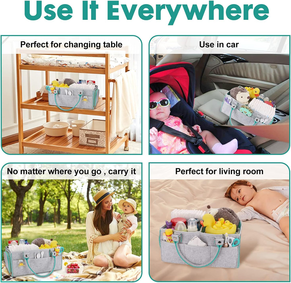 XUANGUO Large Baby Diaper Caddy Organizer, Felt Basket with Handles, Green