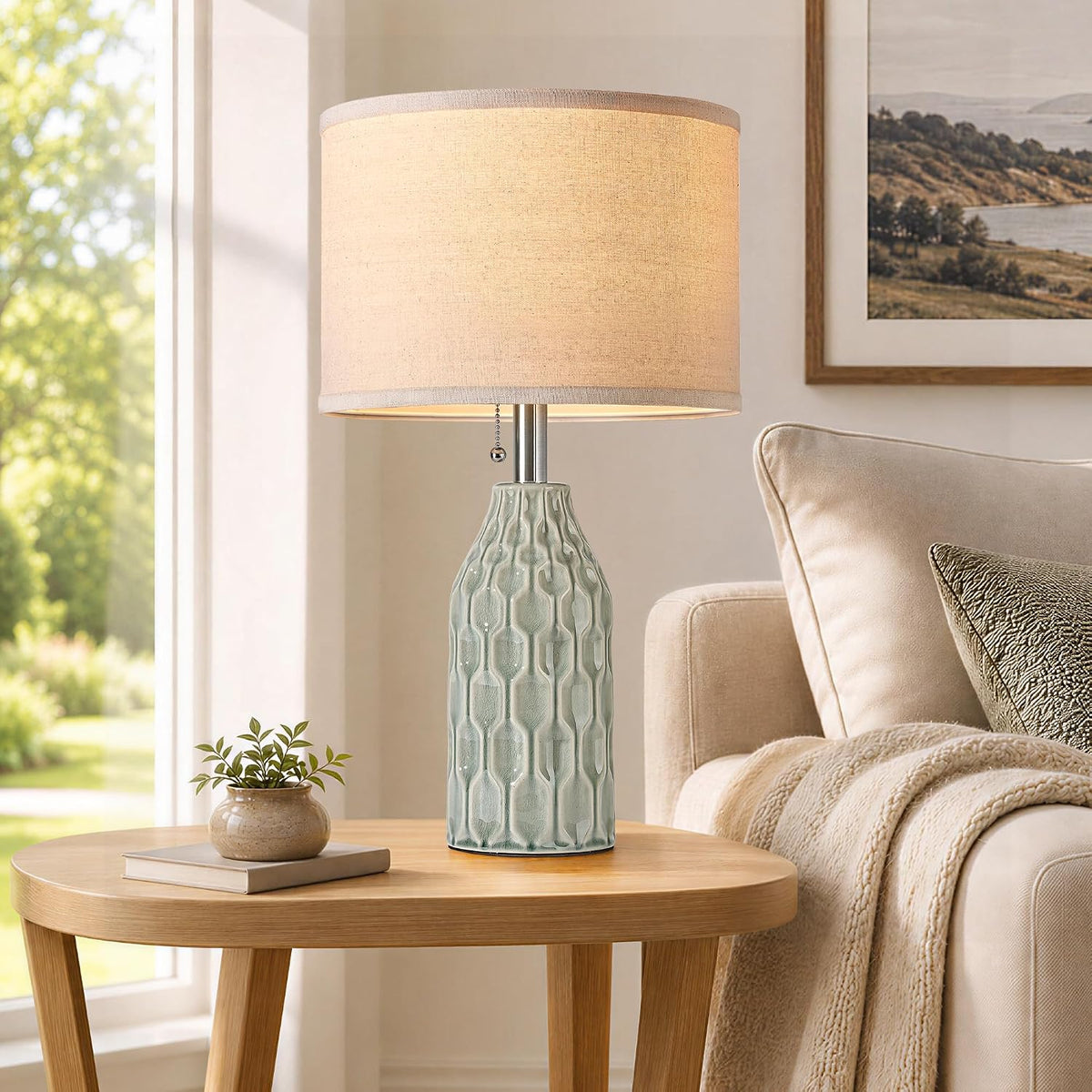 Modern Ceramic Table Lamps Set of 2 for Living Room Bedroom, Green