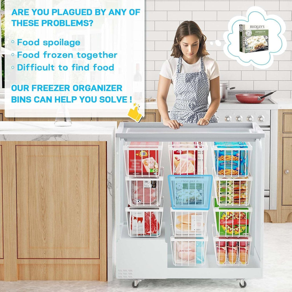SUNALLY Freezer Organizer Bins, 8 Pack Stackable Pantry Storage Bins, White