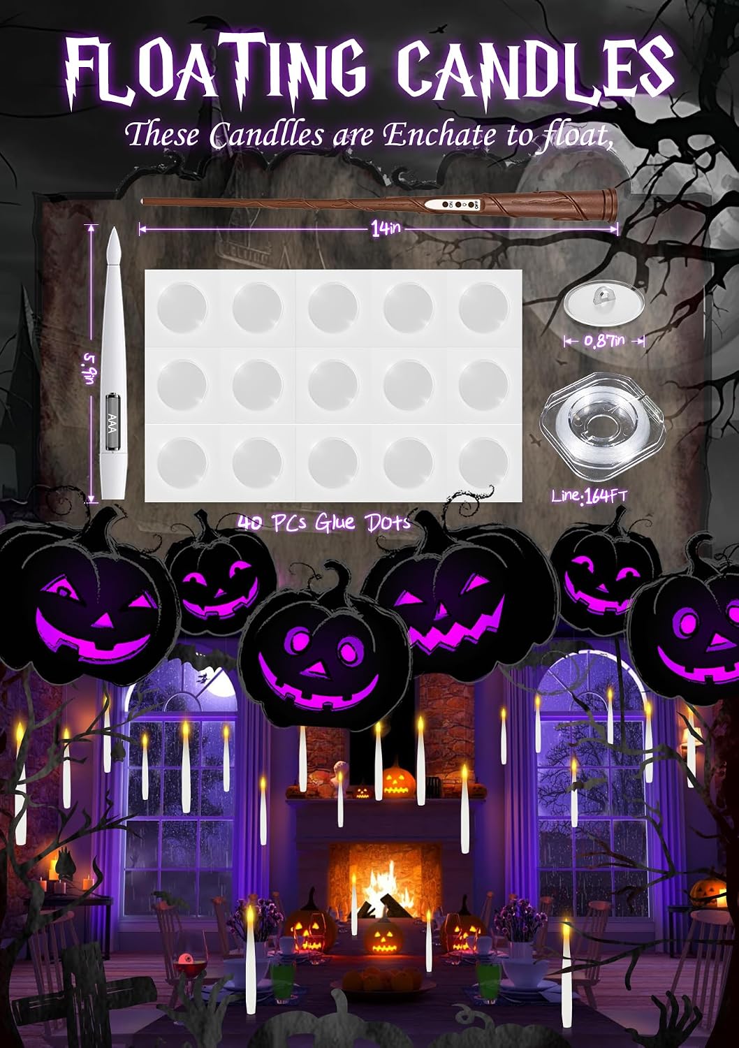 10 Floating Candles with Wand & 11 AAA Batteries Halloween Decor