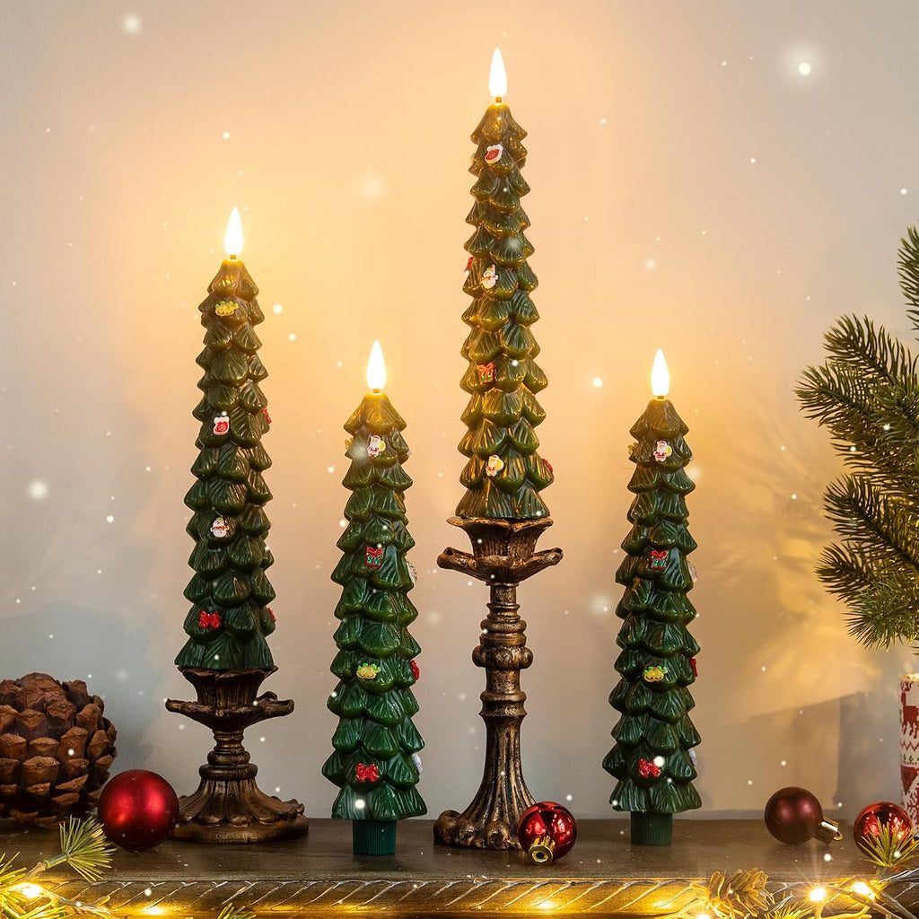 LUSHARBOR Christmas Tree Candles, 4 Pack Flameless Taper Candles 9.8"