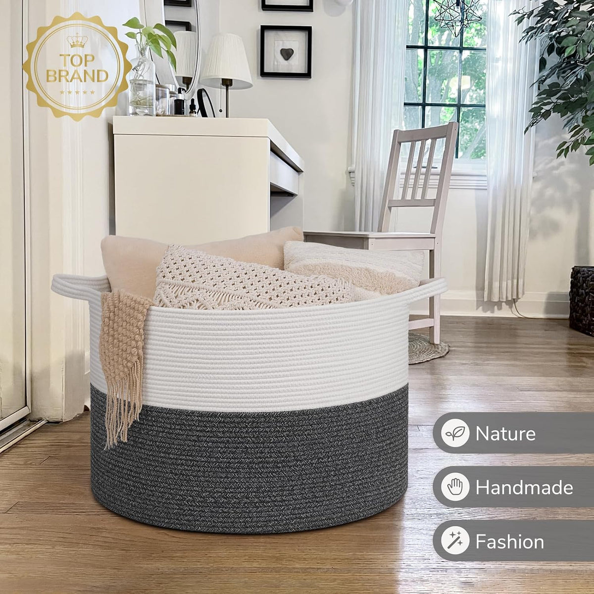 INDRESSME 115L Extra Large Woven Rope Blanket Basket Living Room