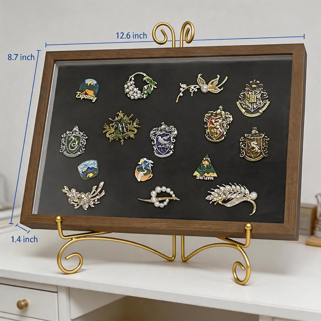 Pin Display Case with Gold Stand for Medal & Jewelry Pin Collection – Wall-Mounted or Desktop Shadow Box with Sliding Acrylic Door, 12.6 x 8.7 x 1.26 inches, Brown Wood Frame