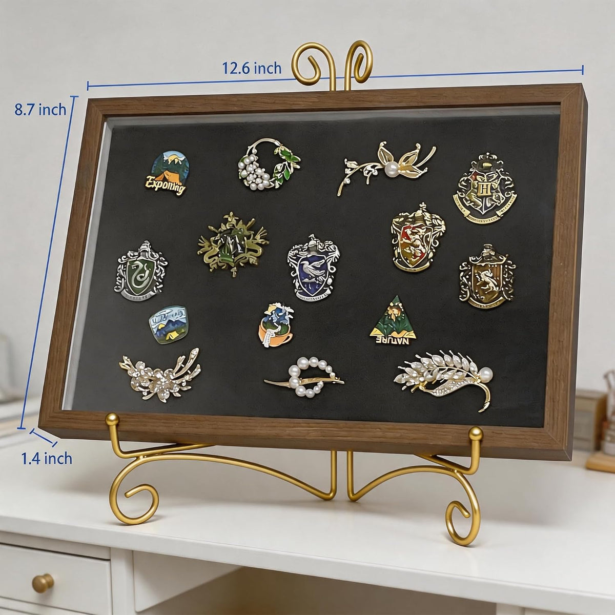 Pin Display Case with Gold Stand for Medal & Jewelry Pin Collection – Wall-Mounted or Desktop Shadow Box with Sliding Acrylic Door, 12.6 x 8.7 x 1.26 inches, Brown Wood Frame