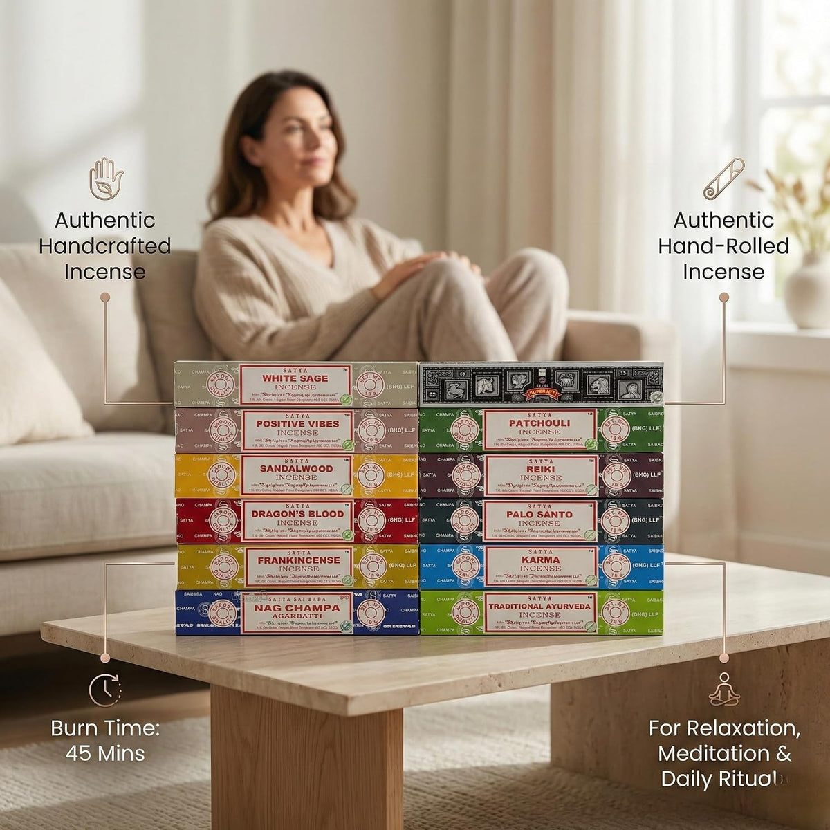 Earth Satya Assorted Masala Incense Sticks 12 Pack (15g Each) Nag Champa & Sandalwood Variety Set, Natural Hand Rolled Agarbatti for Relaxation & Aromatherapy