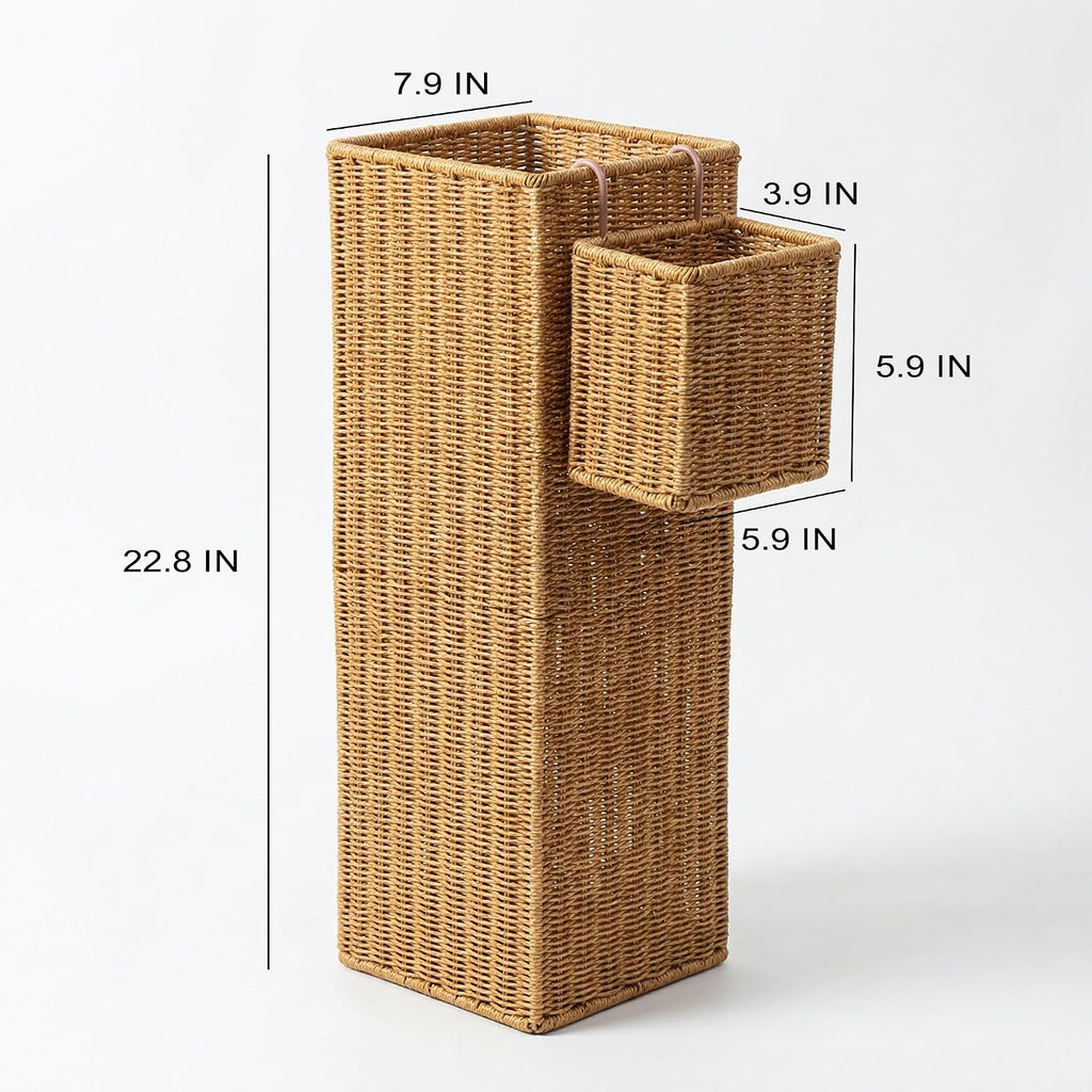 Rattan Umbrella Stand with Drip Tray,Umbrella Holder with Small Basket for Entryway, Tall Wicker Basket for Storage, Woven Organizer for Inoor, Outdoor, Home, Office, Hotel