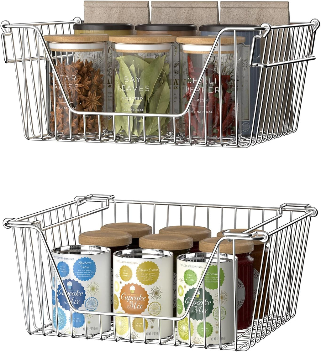 Slideep Stackable Storage Baskets Stainless Steel Cabinet Organizer Sturdy Metal Wire Pantry Freezer Bin for Pantry Home Bathroom Kitchen Organization 6 Packs