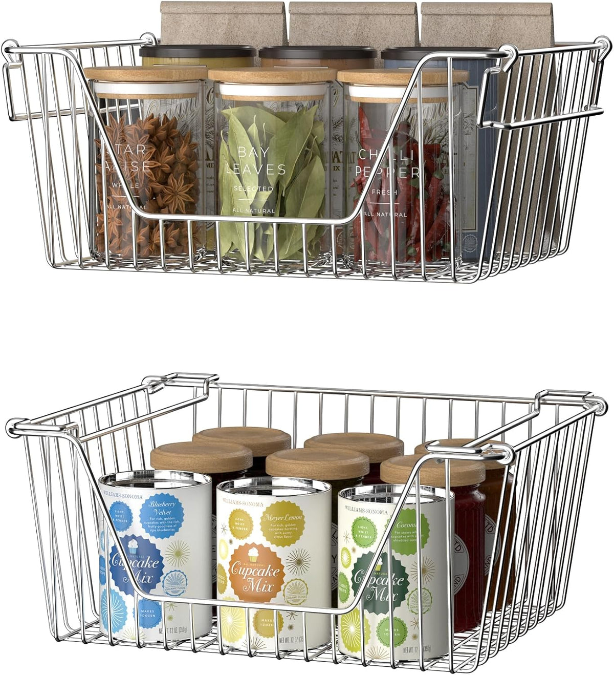 Slideep Stackable Storage Baskets Stainless Steel Cabinet Organizer Sturdy Metal Wire Pantry Freezer Bin for Pantry Home Bathroom Kitchen Organization 6 Packs