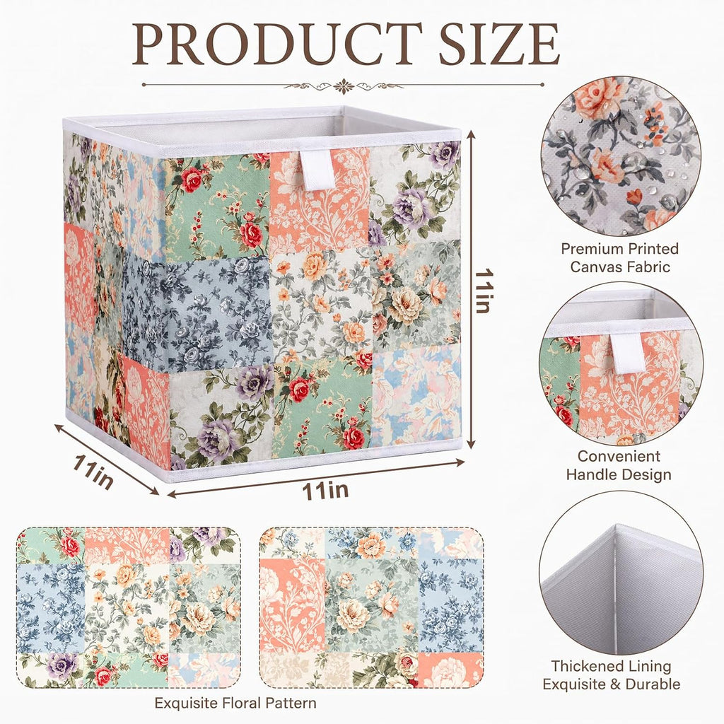 Yookeer 6 Pcs Pink Floral Cube Storage Bin 11" Foldable Basket with Handle