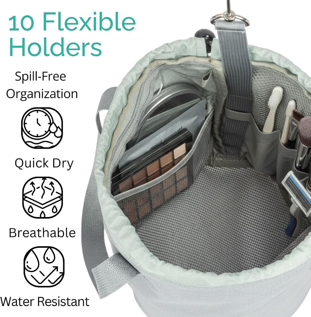 Portable Shower Bag with Drawstring Closure and Breathable Mesh Bottom – Travel Shower Caddy, Foldable Durable Design with Mesh Bottom for Cruise Ship Essentials, College Dorm Shower Caddy (Sage Grey)