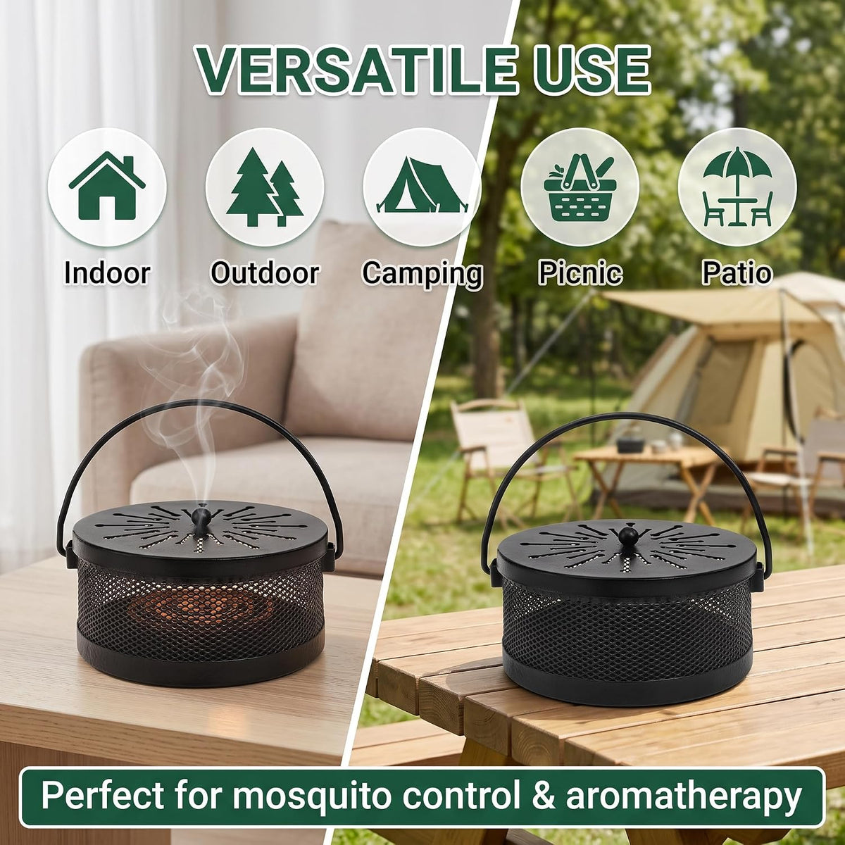 Elsjoy 2 Pack Mosquito Coil Holder with Lid and Handle, Portable Incense Coil Burner Metal Mosquito Incense Holder for Indoor & Outdoor Camping