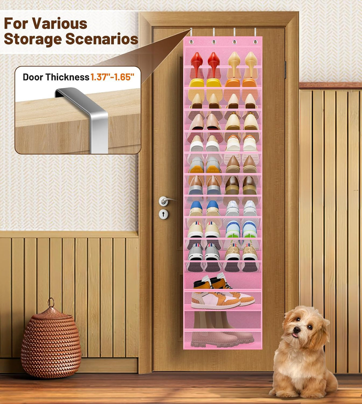 MISSLO 12 Tier Over the Door Shoe Organizer Breathable Mesh Hanging Shoe Rack for Closet Storage Shoe Holder for Door Fit 24 Pairs Sandals, Heels, Boots (Pink)
