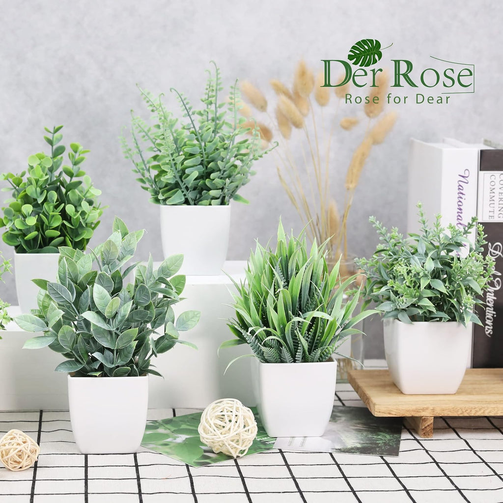Der Rose 8 Pack Small Fake Plants in White Pots, Office Home Decor Indoor