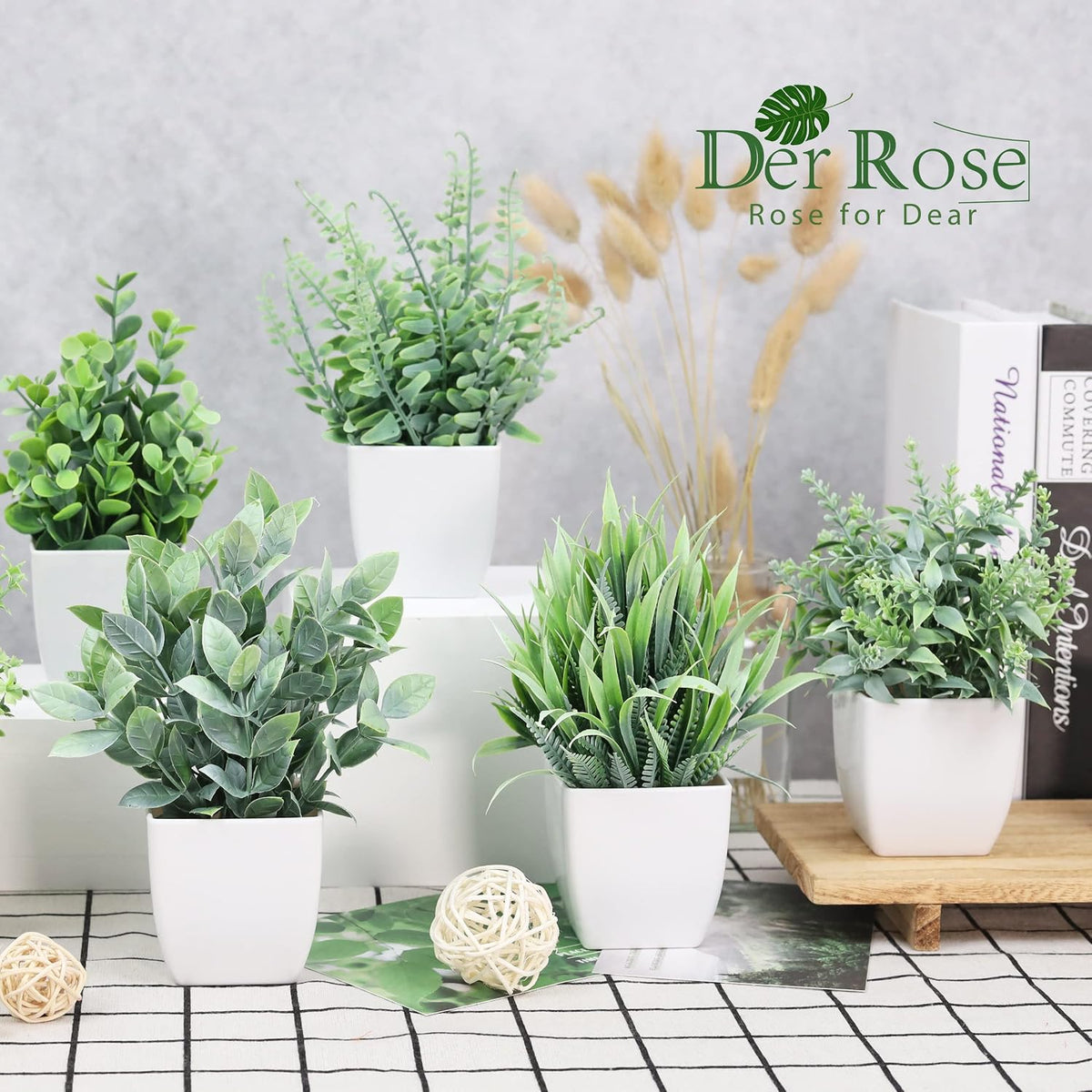 Der Rose 8 Pack Small Fake Plants in White Pots, Office Home Decor Indoor