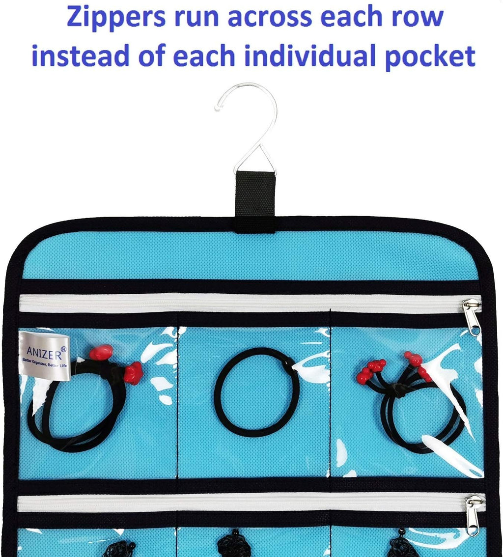 Hanging Jewelry Organizer with 10 Zippered Clear Pockets for Travel Suitcase and Home Closet Jewelry Storage Bag (BLUE)