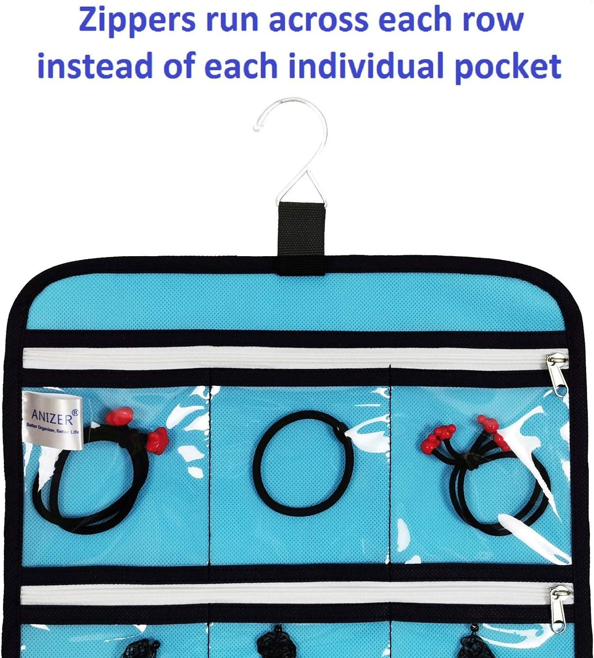 Hanging Jewelry Organizer with 10 Zippered Clear Pockets for Travel Suitcase and Home Closet Jewelry Storage Bag (BLUE)