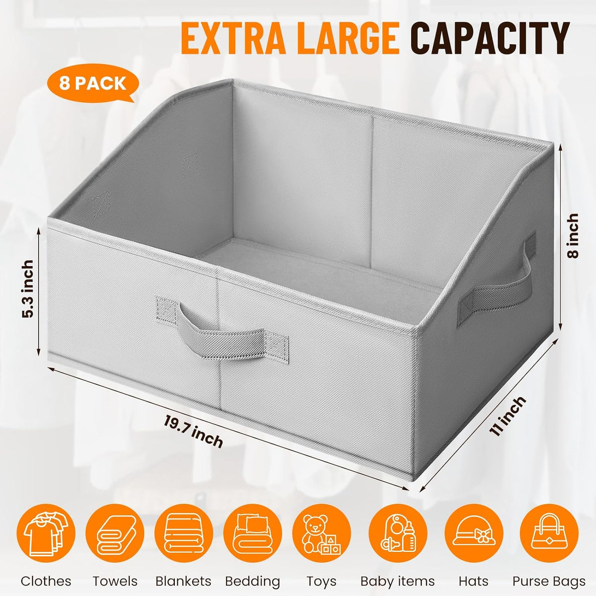 Extra Large Closet Organizers Bins 8 Pack - Blanket Basket for Organizing/ Home Clothes Storage Bins for Jeans/ Toy Organizers for Nursery/ Wardrobe Shelf Closet Organization for Purse Hats Towel