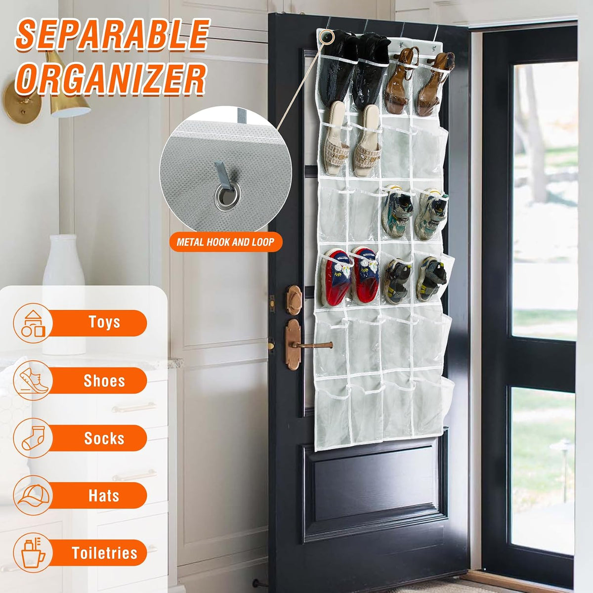 GOMAJI Over the Door 24 Pocket Hanging Shoe Organizer, Space Saving Hanging Storage Holder, Gray, (56" X 22.5")