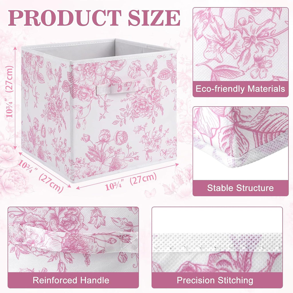Geelin 6 Pcs Pink and Pink Floral Cube Storage Bins 11 Inch Storage Basket