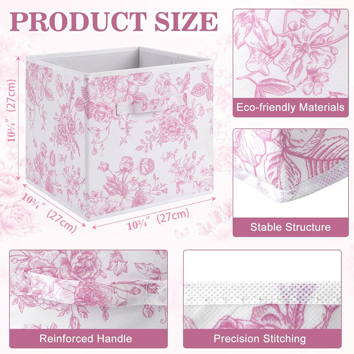Geelin 6 Pcs Pink and Pink Floral Cube Storage Bins 11 Inch Storage Basket