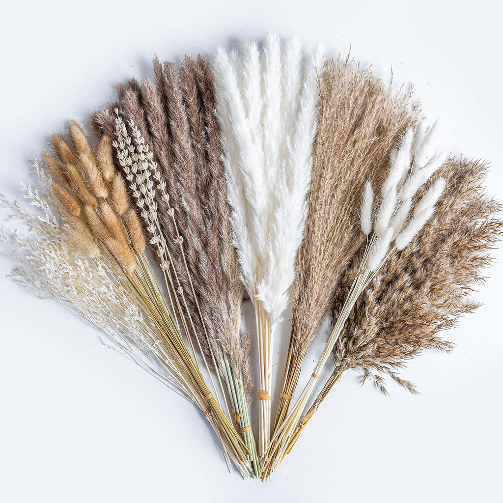 Natural Pampas Grass 8kind Grass Mix Bouquet | Dried Pampas Bouquet for Wedding Boho Flowers Home Table Desk Decor, Rustic Farmhouse Decor (93PCS) (Pack of 2)