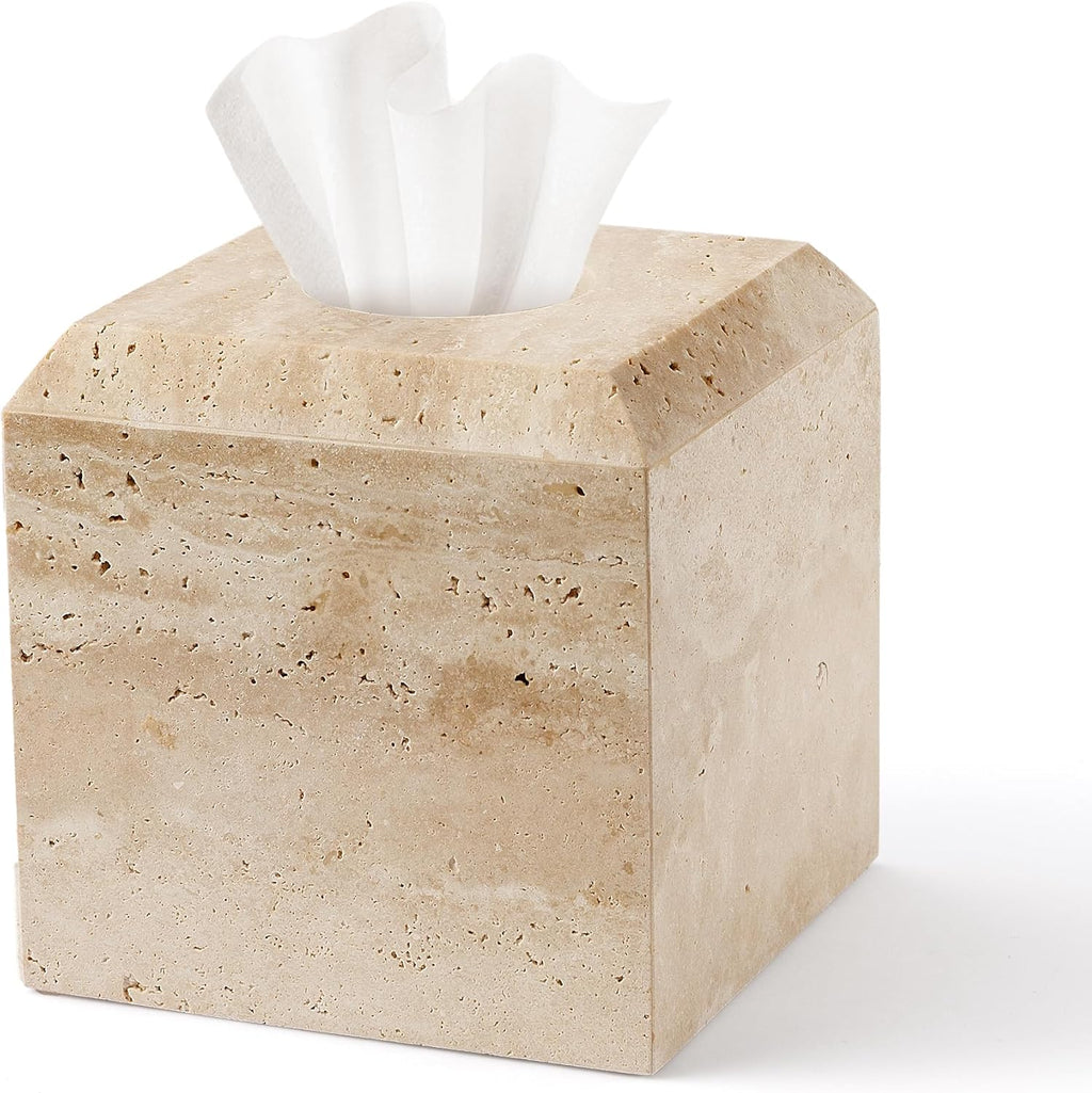 Tissue Box Cover Italy Natural Travertine Stone Heavy Duty Square Facial Toilet Paper Holder for Bathroom Living Room Bedroom Dresser Kitchen Minimalistic Office Home Decor Beige (TBC145WT)