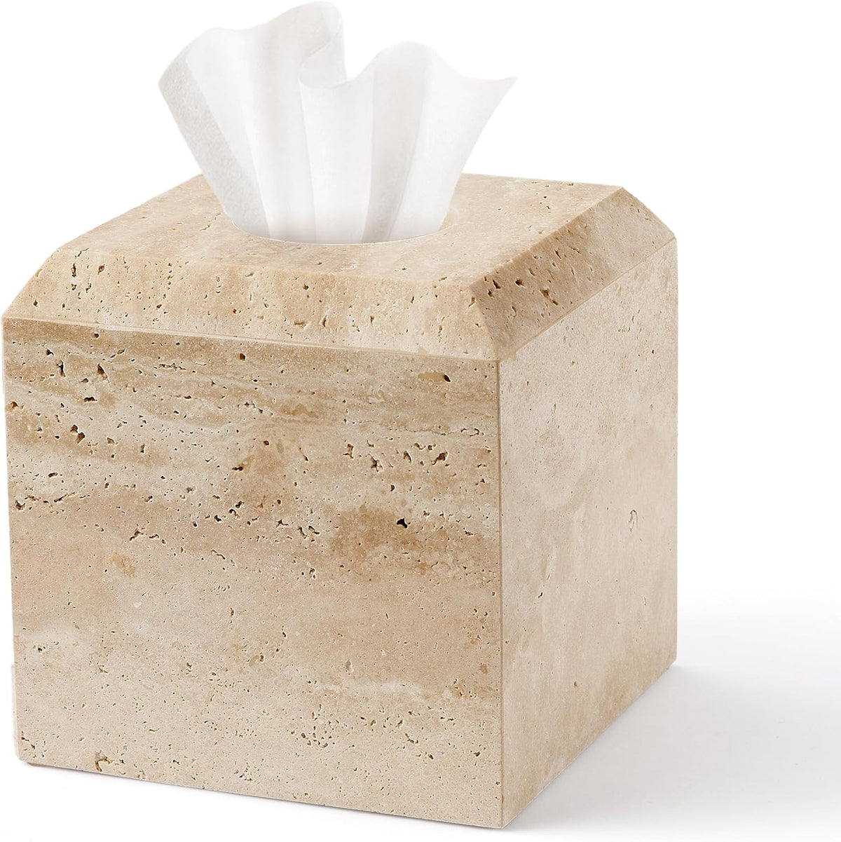 Tissue Box Cover Italy Natural Travertine Stone Heavy Duty Square Facial Toilet Paper Holder for Bathroom Living Room Bedroom Dresser Kitchen Minimalistic Office Home Decor Beige (TBC145WT)