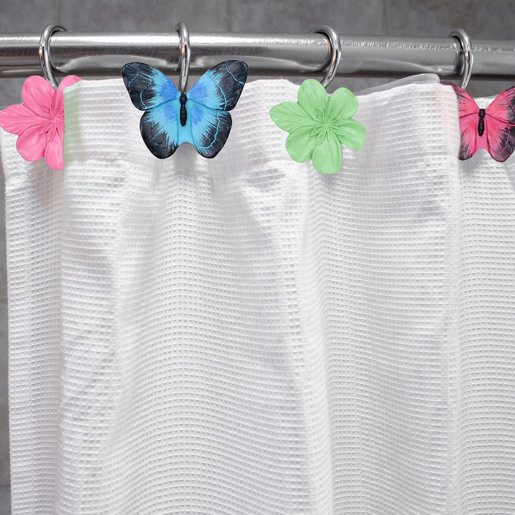 Whaline 12Pcs Spring Floral Butterfly Shower Curtain Hooks Colorful Resin Pendants Accessories Flower Butterfly Decorative Curtain Hanger Anti Rust Hooks for Home Bathroom Bedroom, 6 Designs