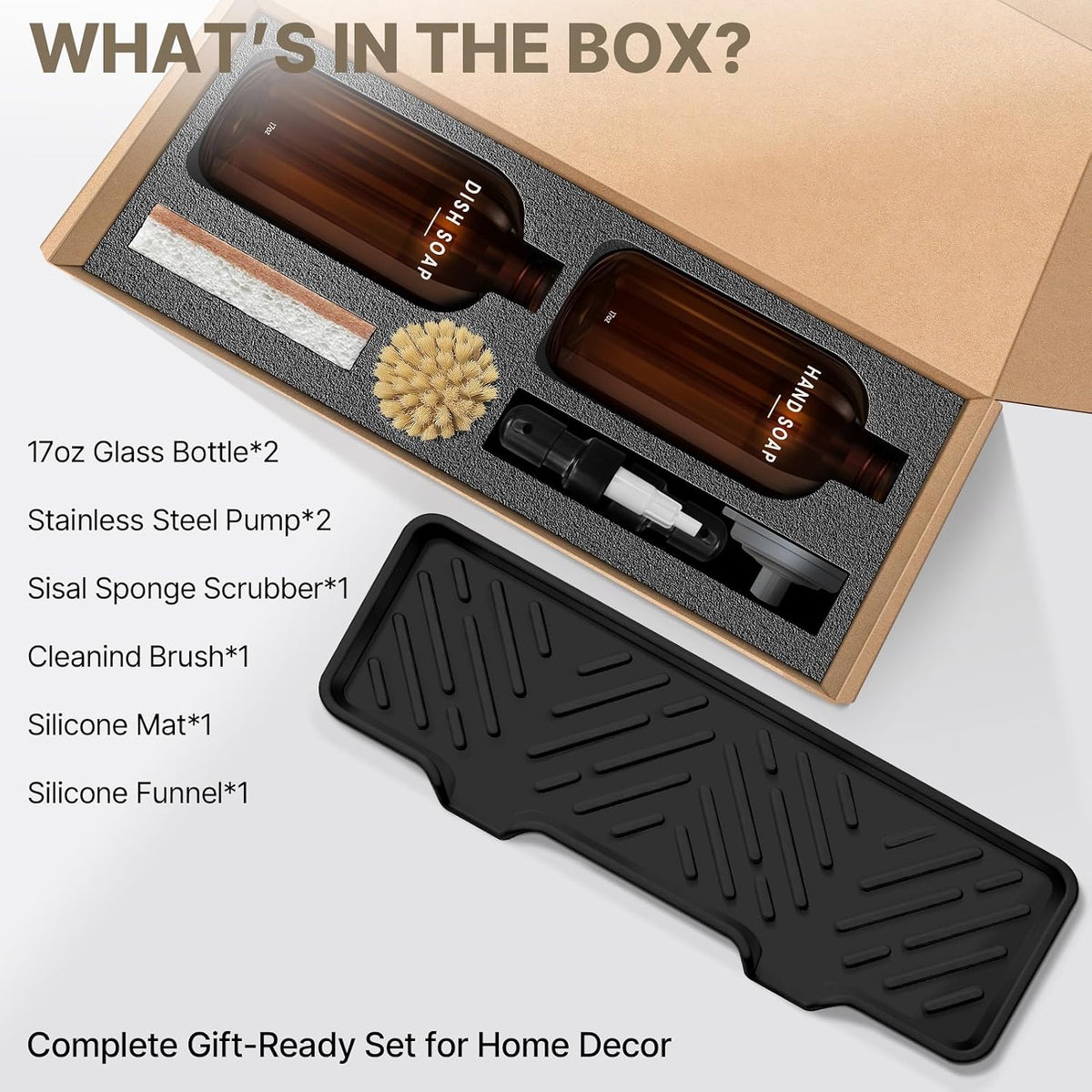 Kitchen Soap Dispenser Set with Self Draining Silicone Tray, Brush, Sponge
