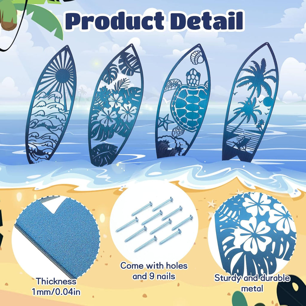 Therwen 4 Pcs Metal Surfboard Wall Decor, Tropical Beach Palm Turtle, Blue