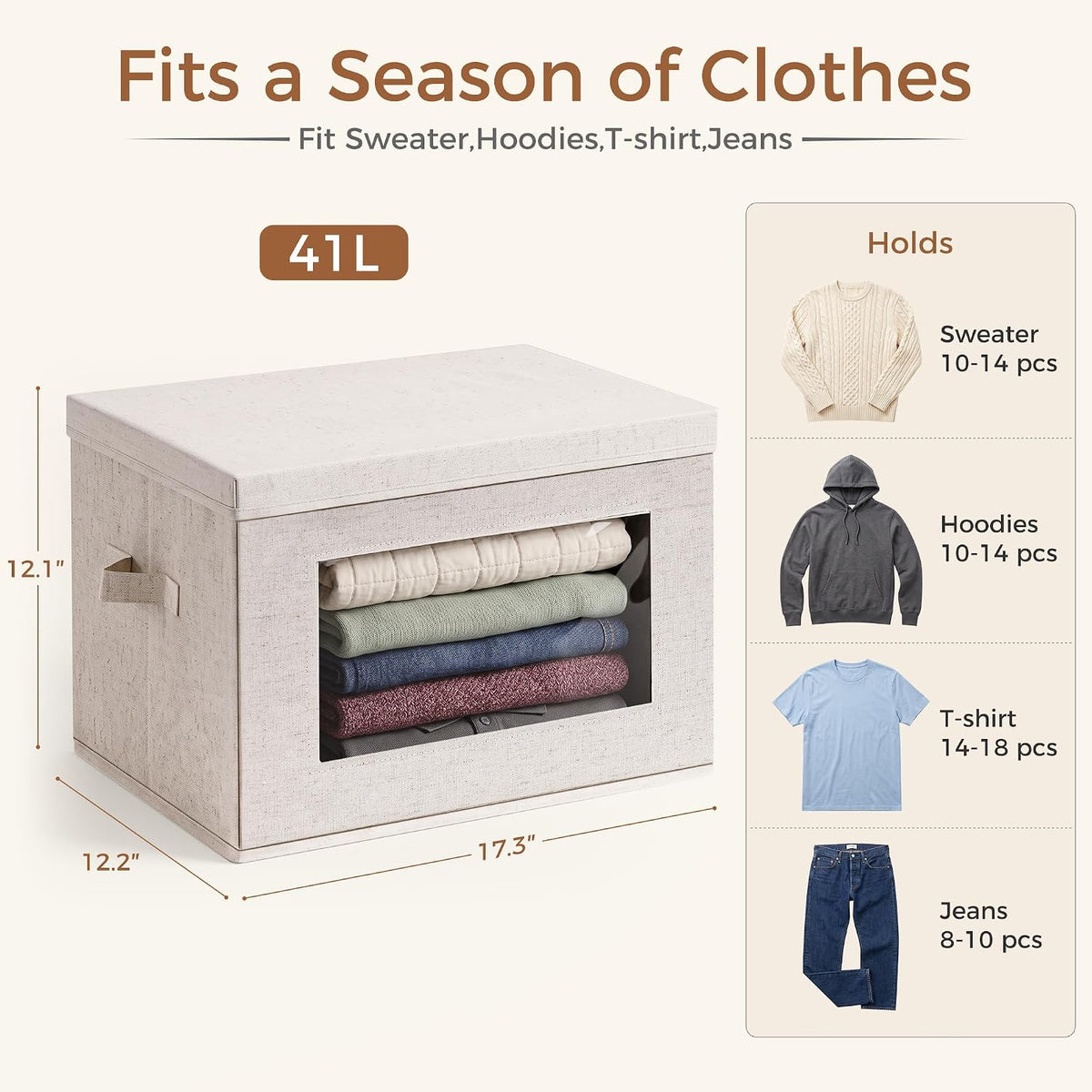 3-Pack Large Storage Bins with Lids & Clear Window, Foldable Fabric Closet Organizer Boxes, Stackable Cube Baskets with Soft Handles for Clothes & Blankets, 17”, Beige