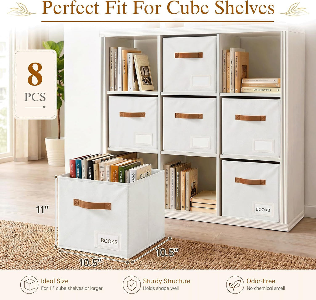 Storage Cubes 8 Pack, 11 Inch Fabric Storage Cubes Organizer Bins with Labels, Odor-Free & Sturdy PP Structure, Cubby Baskets for Closet, Shelves, Toys & Nursery (White)