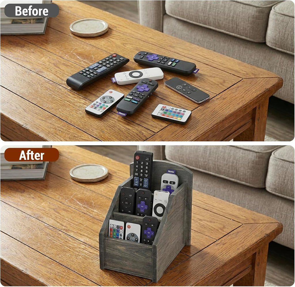MyGift Rustic Gray Wood Remote Control Holder, 3 Compartment Caddy