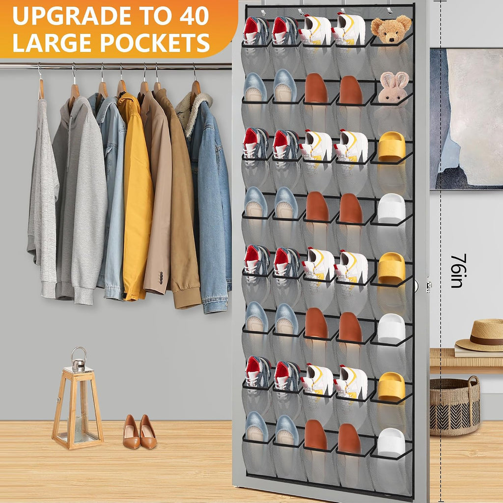 Over the Door Shoe Organizer, 40 Large Mesh Pockets Hanging Shoe Rack Organizer for Closet Behind The Door Storage Holder for Entryway Bedroom Dorm Gray