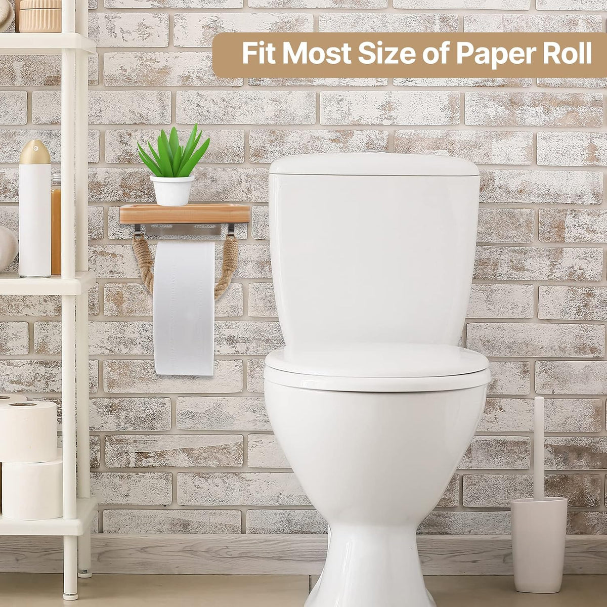 Farmhouse Toilet Paper Holder with Wood Shelf Rope Bathroom Decor