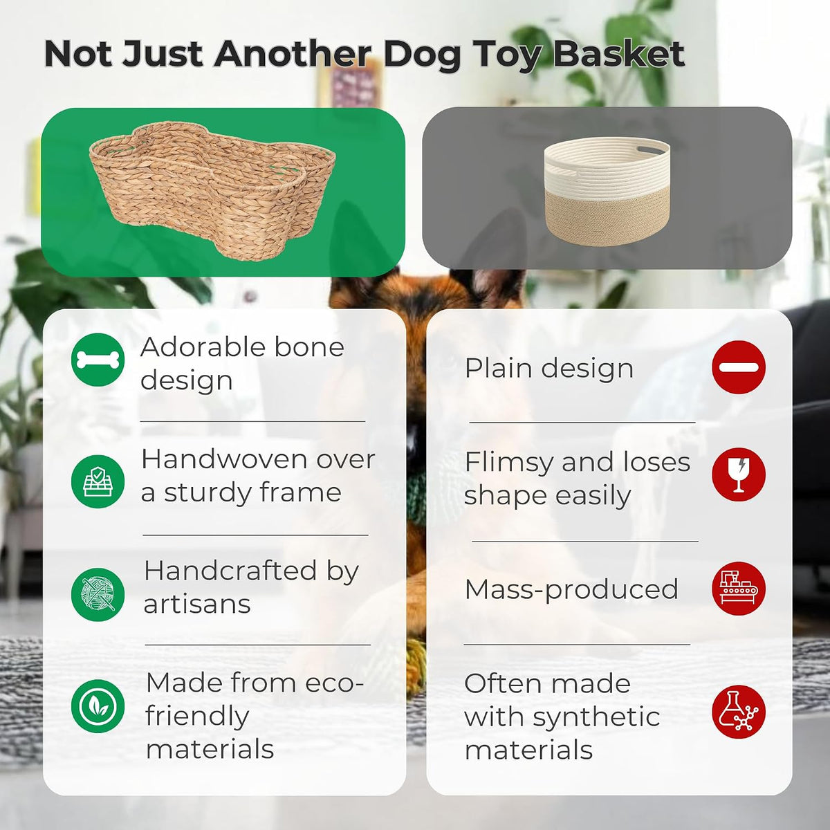 OtterPets Dog Toy Basket, Hyacinth Bone Shaped Dog Toy Bin, 23"x15"