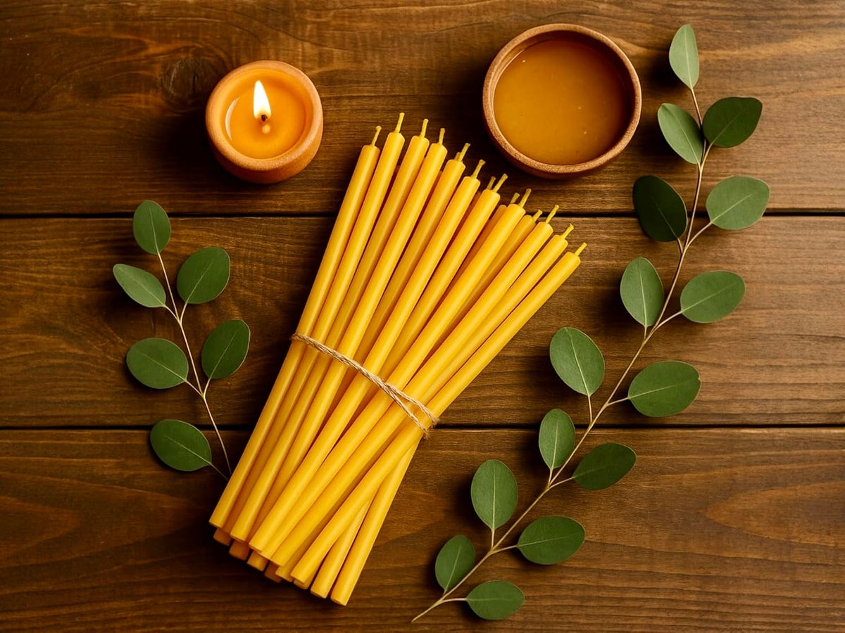 50 Natural 100% Pure Raw Beeswax Taper Candles (6") Honey Scent Birthday Cake, Dripless, Smokeless, Nontoxic, Cotton Wick