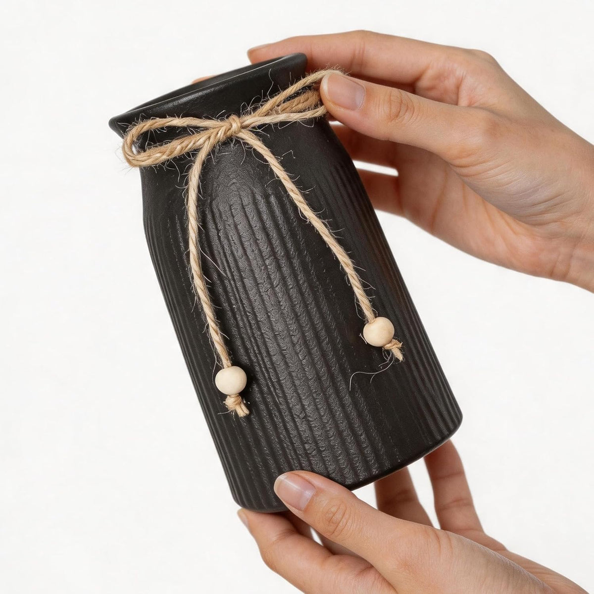 Small Ceramic Vase for Home Decor, 6" Farmhouse Ribbed Vase with Twine Bow, Black Decorative Flower Vase for Pampas Grass, Rustic Boho Vase for Table, Shelf, Living Room, Office
