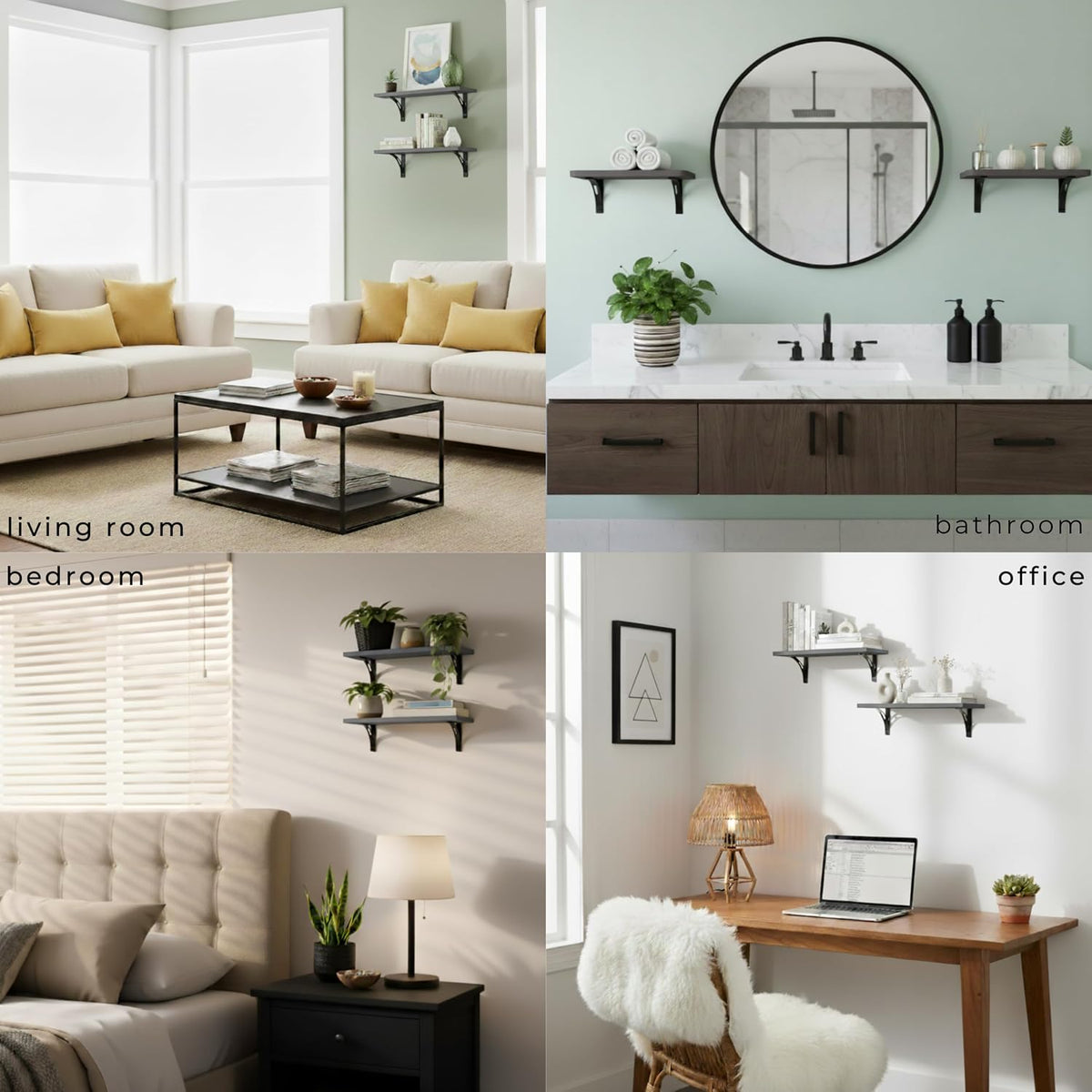 Reinforced Steel Bracket Grey Wall Shelves - Easy to Install, Template and Video Included - Grey Shelf for Wall, Gray Shelf for Bathroom