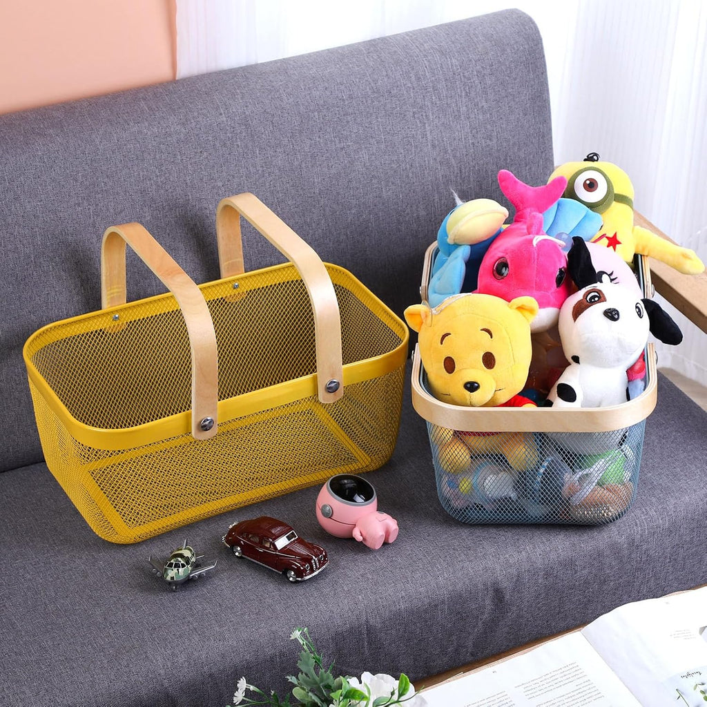 Coloful Metal Mesh Wire Basket with Foldable Wooden Handle,Bin Garden Fruit Vegetable Storage Hanging Harvest Holder for Kitchen Bathroom Picnic (Light Pink, Cuboid-15.7 x 9.5 x 7.2“)