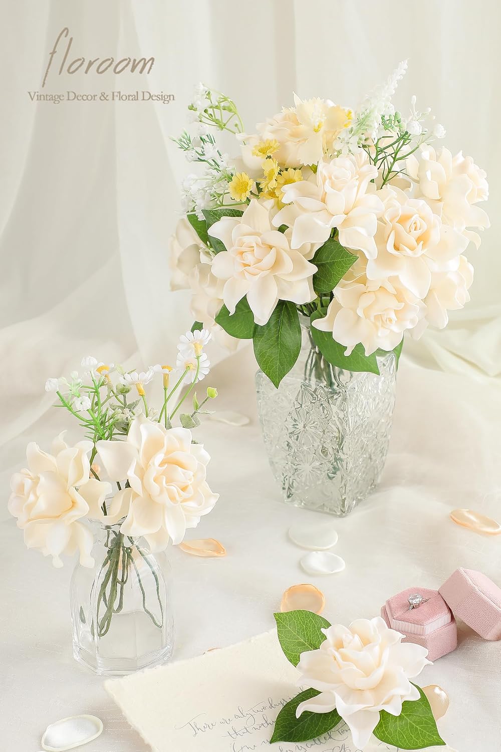 Floroom Artificial Gardenia Flowers 2.7" 25pcs Real Looking Cream Foam Fake Flowers with Stems for DIY Wedding Bouquets Bridal Shower Centerpieces Floral Arrangements Party Tables Home Decorations