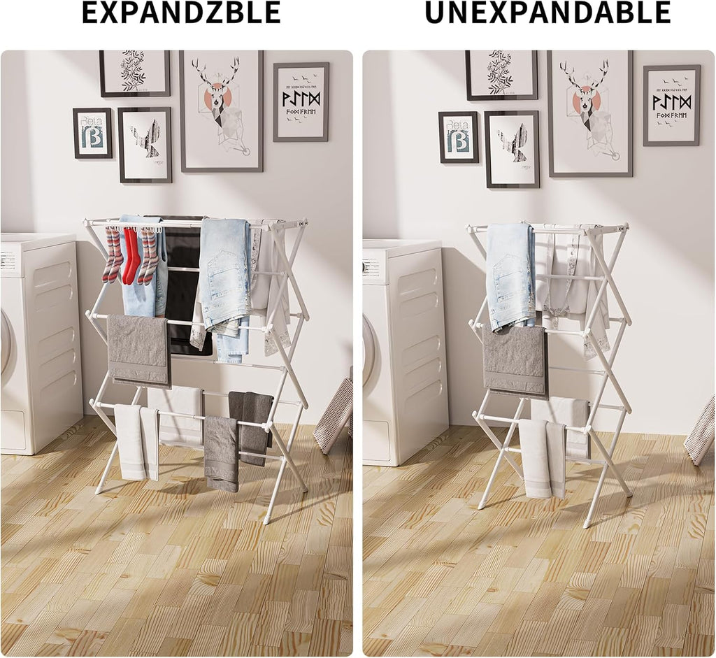 3 Tier Clothes Drying Rack, Foldable Drying Rack Clothing, 40" x 28.8" x 14.2",Indoor & Outdoor Laundry Drying Rack,Space-Saving, Collapsible & Portable, Pure White